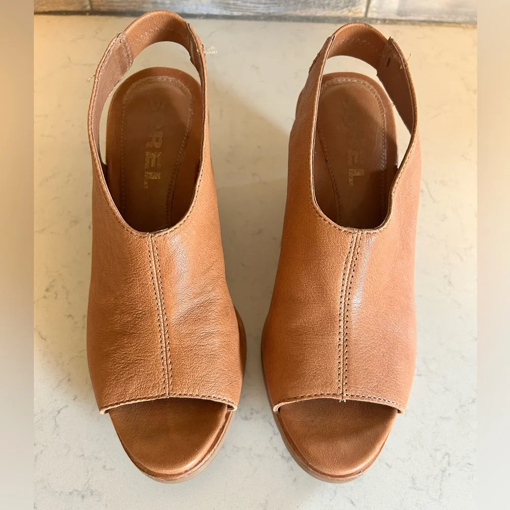 Sorel Nadia Camel Brown Leather Slingbacks Wedge Heeled Sandals - Picture 12 of 14